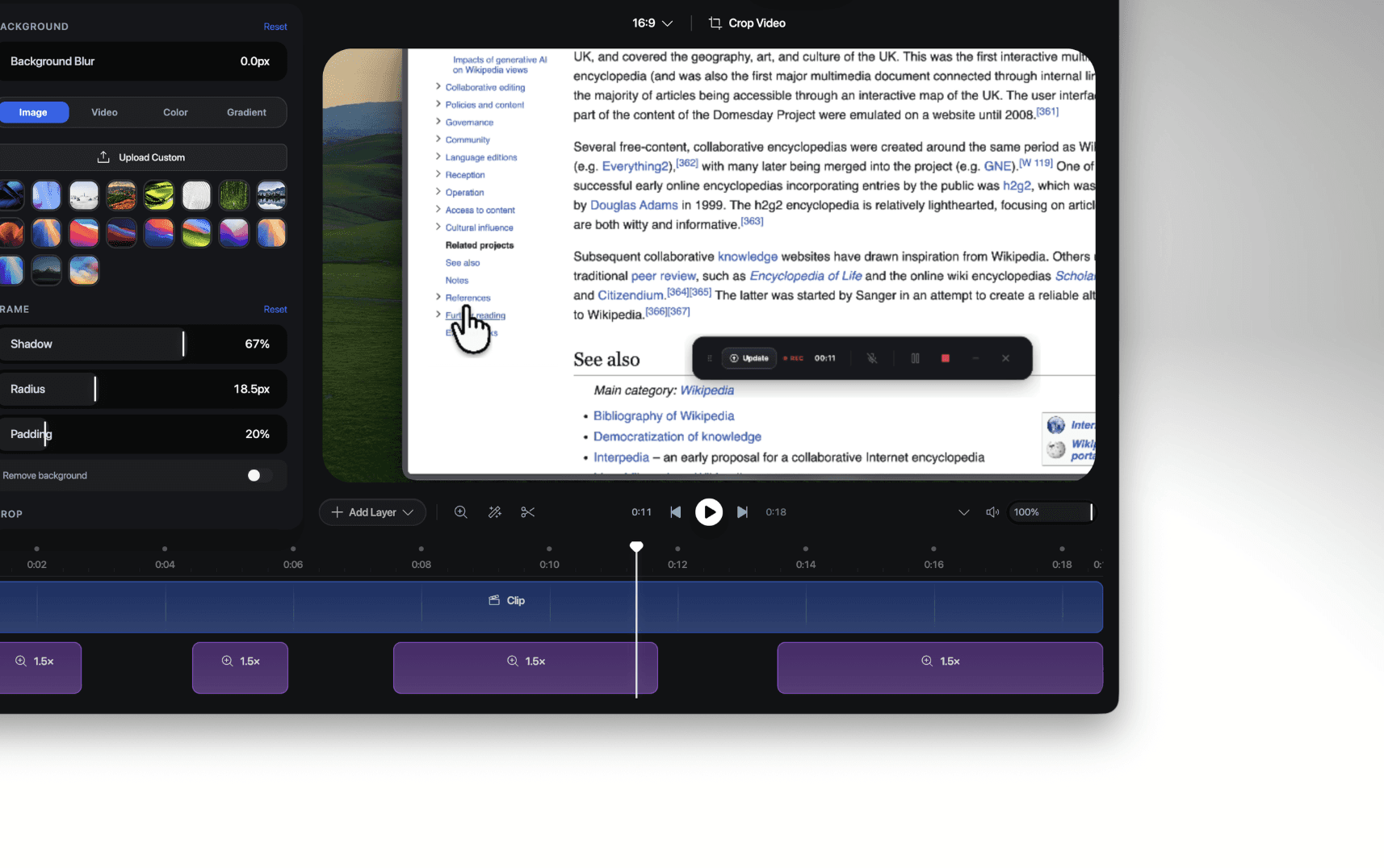 Editor de vídeo com linha do tempo e pontos de zoom